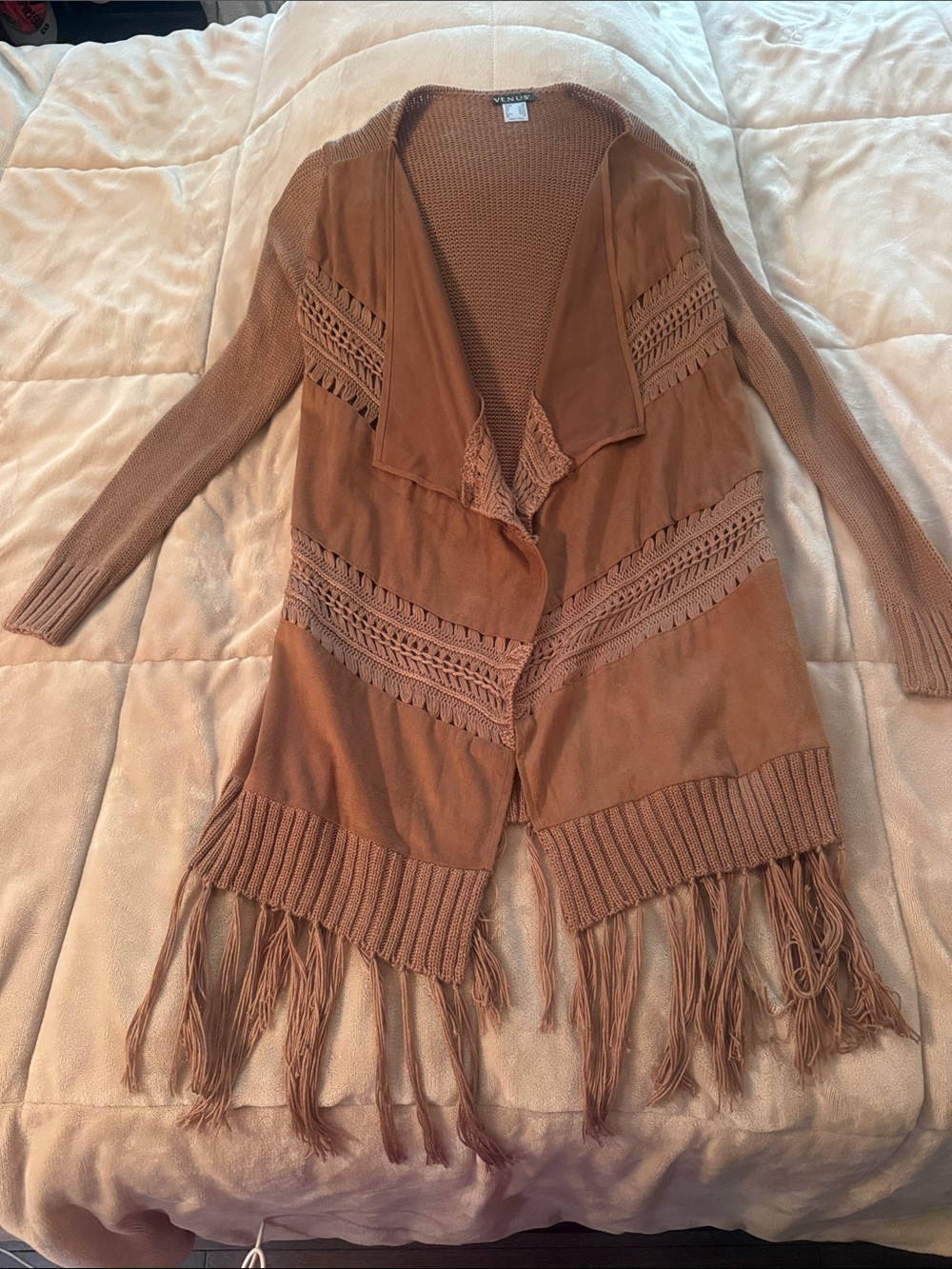 VENUS Rust Fringe Knit Open Front Cardigan